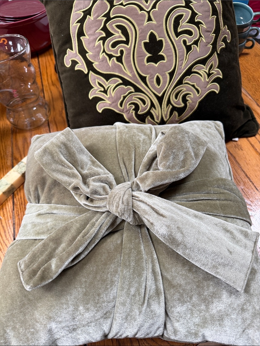 Unbranded Sage Green velour throw pillow with bow front.  Approximately 17.5”.